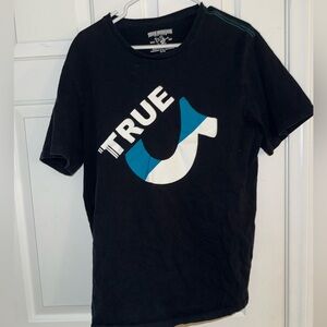 True Religion Black Tee with Blue Stitching & Blue/White Graphic